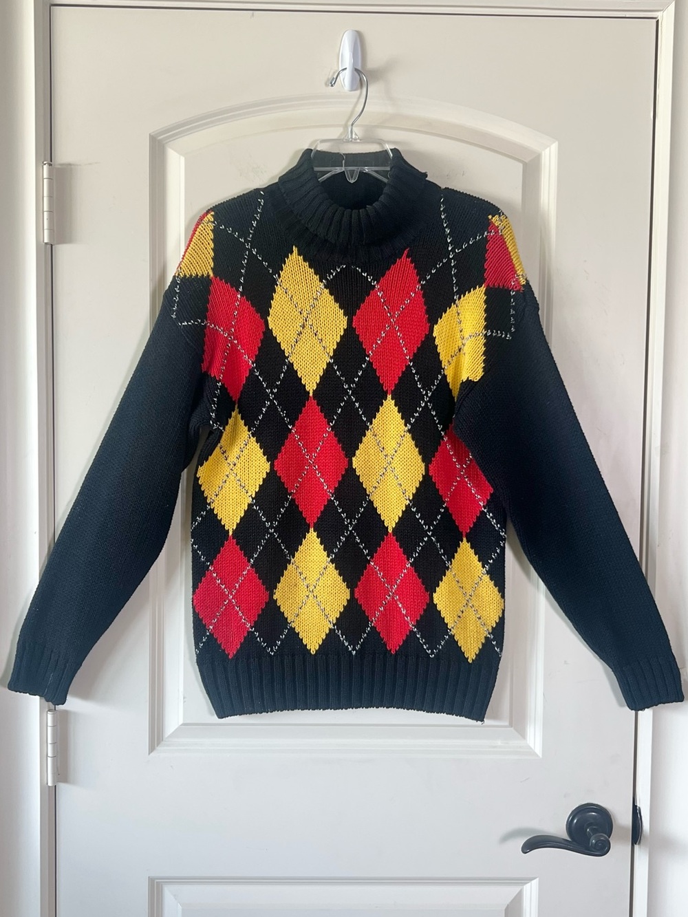 Vintage Liz Sport Argyle Print Knit Pullover Sweater Black Red Yellow Small